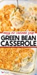 A baking dish of green bean casserole no canned soup, topped with crispy fried onions, with a serving being scooped out on a spoon.