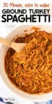 A pot of ground turkey spaghetti, mixed with tomato sauce and stirred with a wooden spoon. Text above reads: "30 Minute, easy to make Ground Turkey Spaghetti.