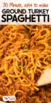 Spaghetti mixed with ground turkey and tomato sauce, being stirred with a wooden spoon. Text above reads "30 Minute, easy to make ground turkey spaghetti.