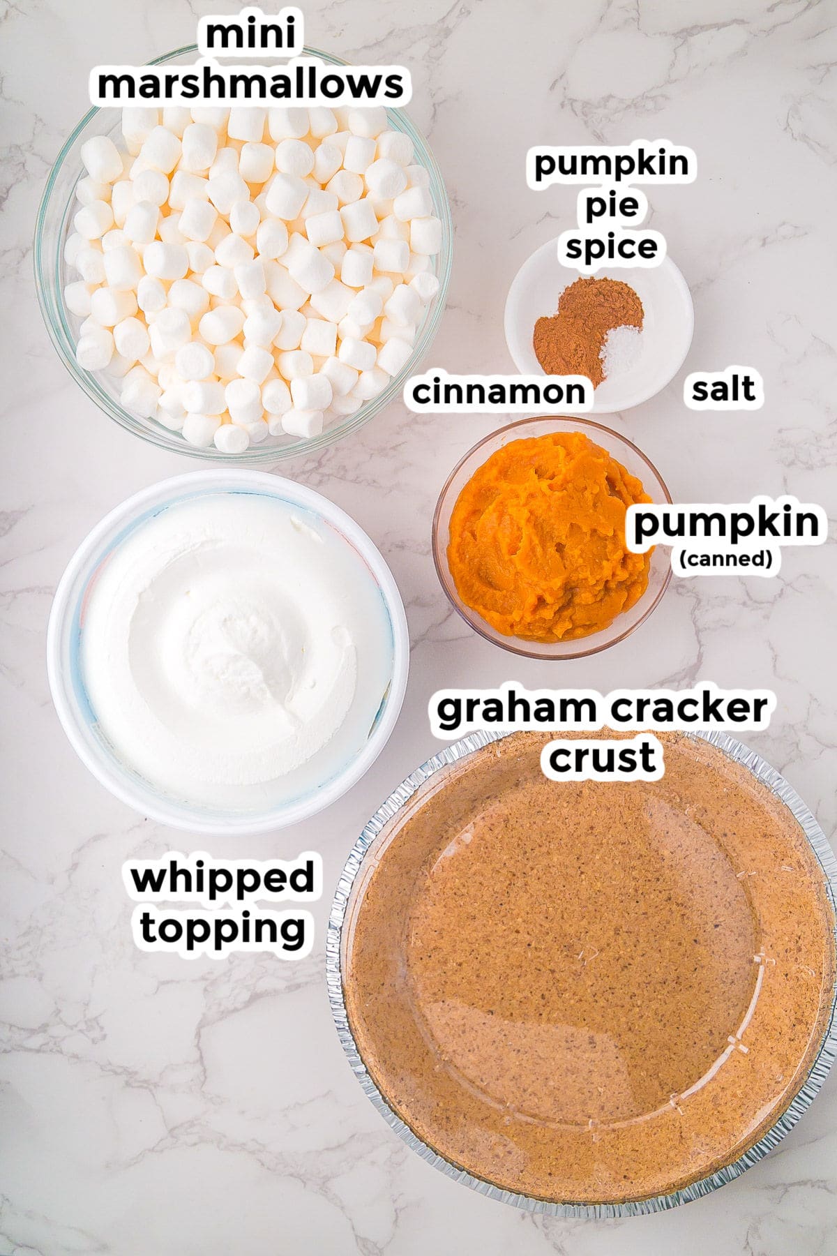 Top-down view of labeled ingredients for a dessert: mini marshmallows, pumpkin pie spice, cinnamon, salt, canned pumpkin, whipped topping, and a graham cracker crust.