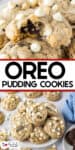 A plate of Oreo pudding cookies topped with white chocolate chips, including one irresistible Oreo pudding cookie with a bite taken out, shown from above and close-up.