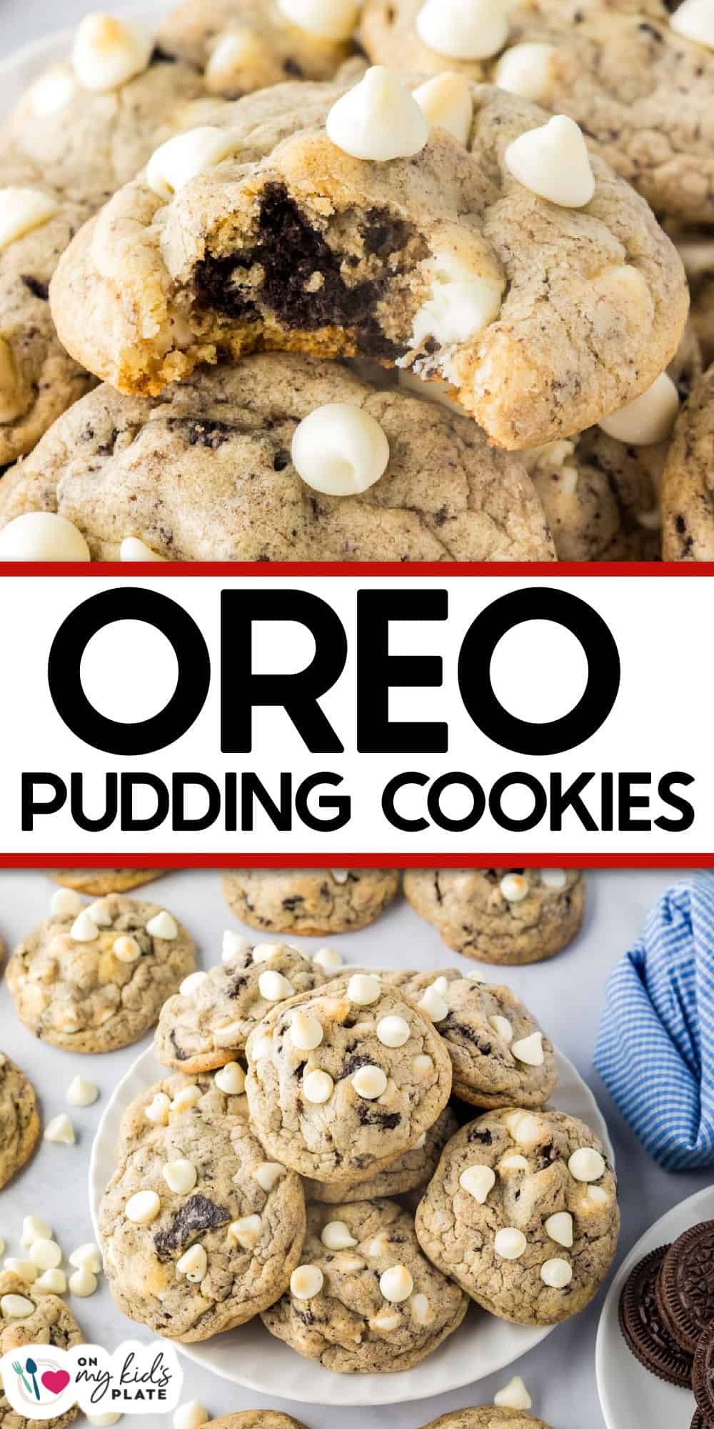 A plate of Oreo pudding cookies topped with white chocolate chips, including one irresistible Oreo pudding cookie with a bite taken out, shown from above and close-up.