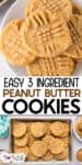 A plate and a baking sheet filled with classic 3 ingredient peanut butter cookies, each marked with a crisscross fork pattern and sprinkled with coarse salt.