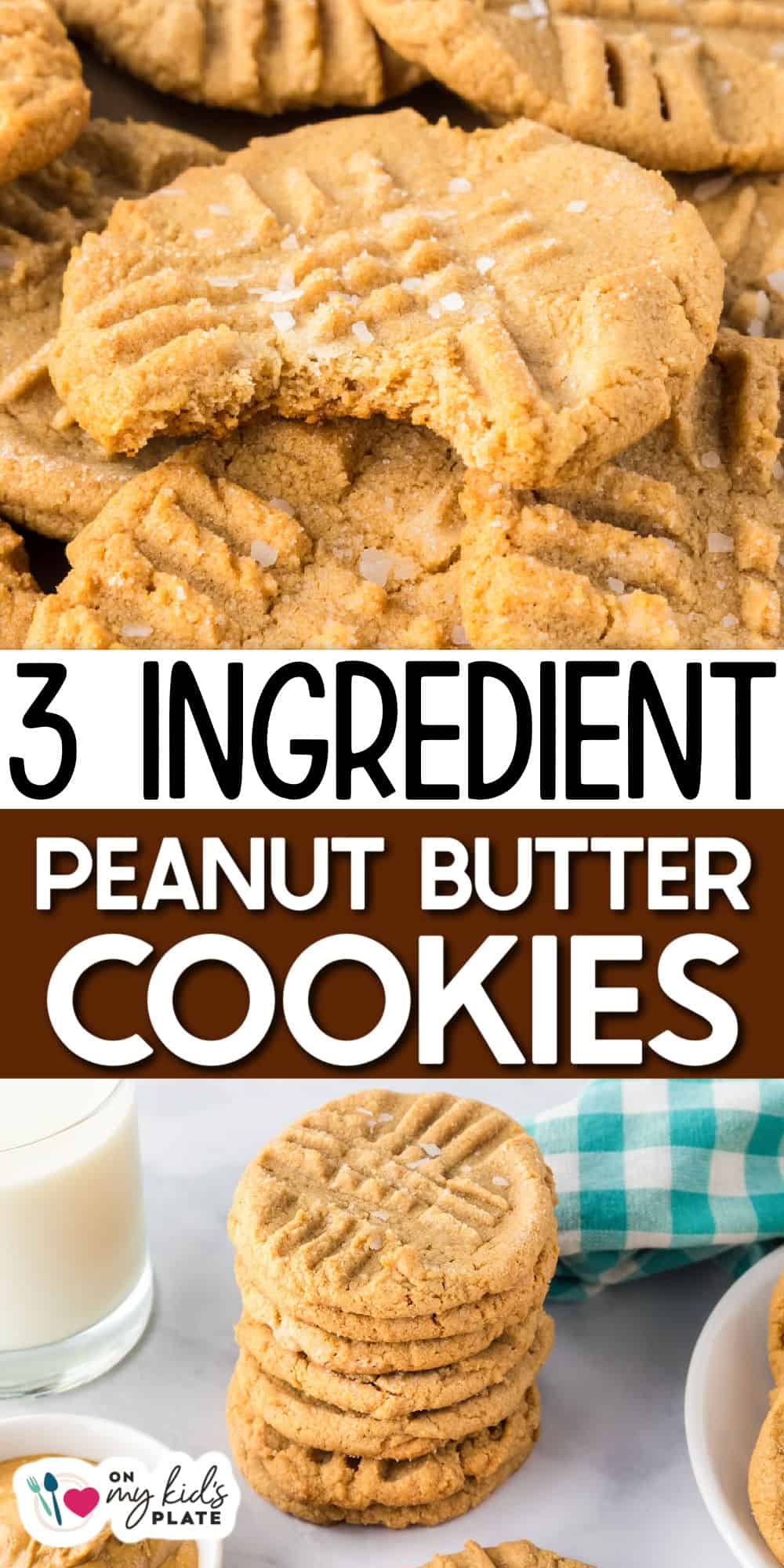A stack of 3 ingredient peanut butter cookies sits beside a glass of milk and a checkered napkin, perfect for a quick homemade treat.