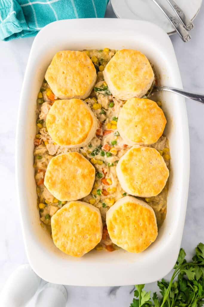 A white baking dish filled with Biscuit Chicken Pot Pie casserole, topped with eight golden-brown biscuits. A serving spoon is placed inside the dish.