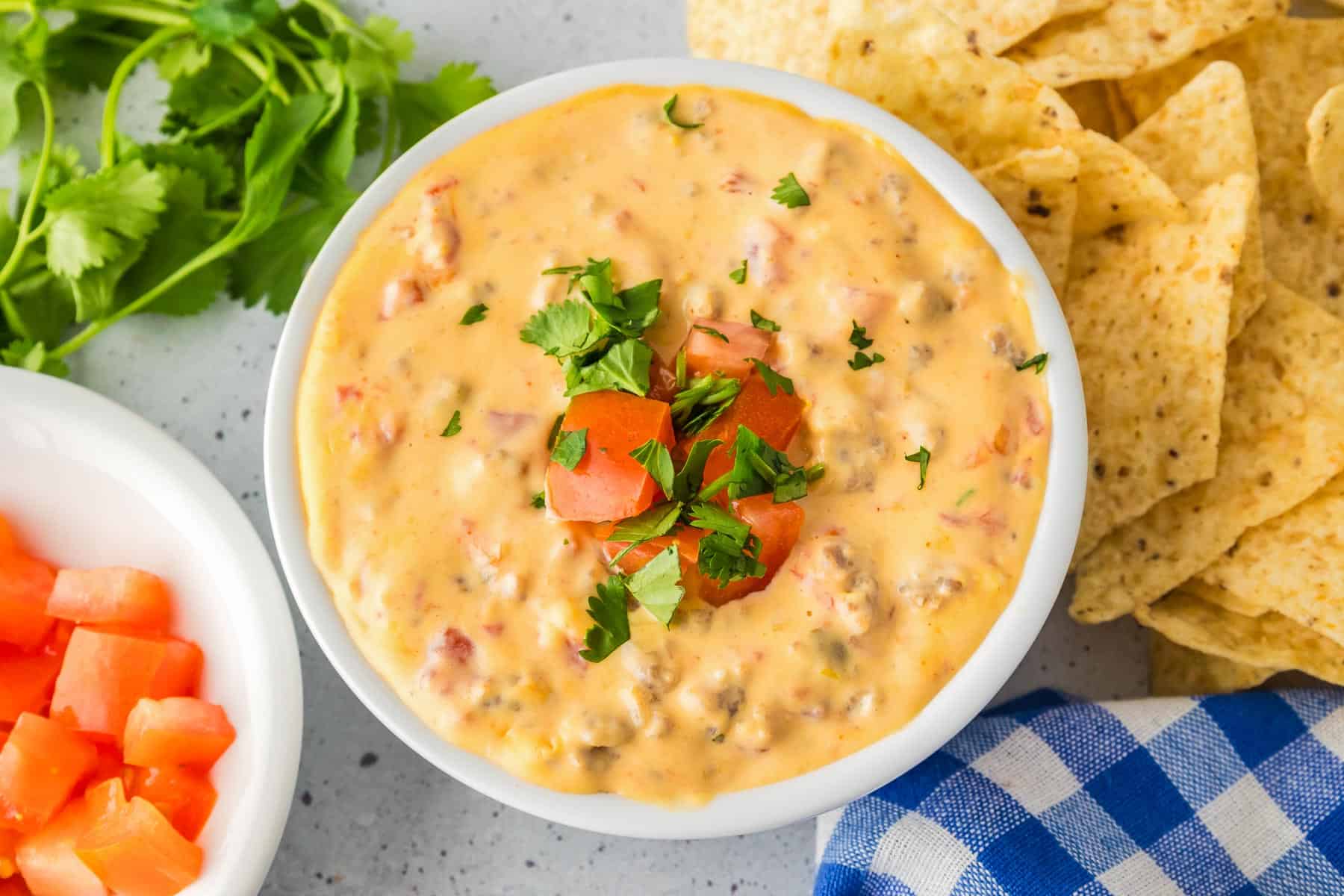 A bowl of crock pot Rotel dip topped with chopped tomatoes and cilantro, surrounded by tortilla chips, diced tomatoes, and cilantro on a gray surface.