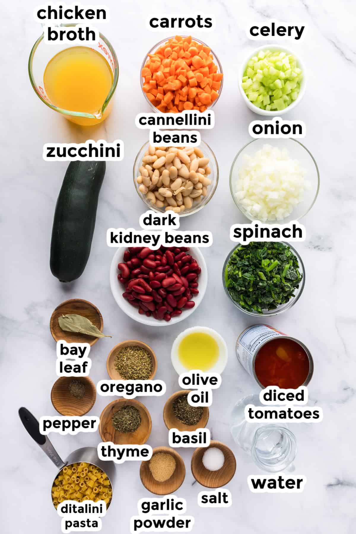 A variety of labeled minestrone soup ingredients arranged on a white surface, including vegetables, beans, spices, broth, oil, diced tomatoes, and uncooked pasta.