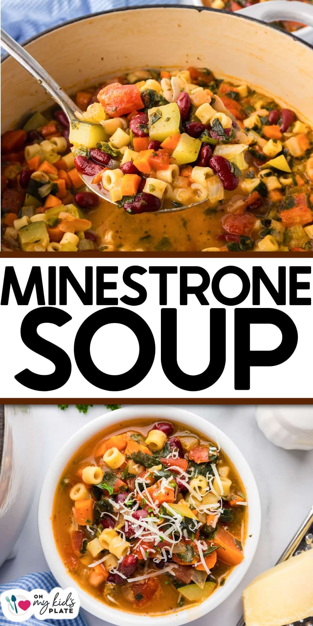 A pot and a bowl of hearty minestrone soup with ditalini pasta, kidney beans, zucchini, tomatoes, carrots, and spinach, topped with shredded cheese.