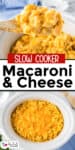 A bowl of creamy slow cooker mac and cheese in a slow cooker, with a wooden spoon lifting a portion. Text overlay reads "Slow Cooker Macaroni & Cheese.