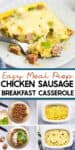 Chicken sausage breakfast casserole topped with melted cheese on a plate, with step-by-step images showing cooked chicken sausage, fresh vegetables, eggs, and the deliciously baked chicken sausage breakfast casserole.