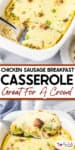 A baked chicken sausage breakfast casserole with cheese and green peppers in a white dish; a serving is plated nearby with a fork. Text reads: "Chicken Sausage Breakfast Casserole, Great For A Crowd.