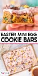 A close-up of a hand holding a cookie bar topped with pink frosting and crushed mini eggs, above a tray of frosted cookie bars labeled "Easter Mini Egg Cookie Bars.