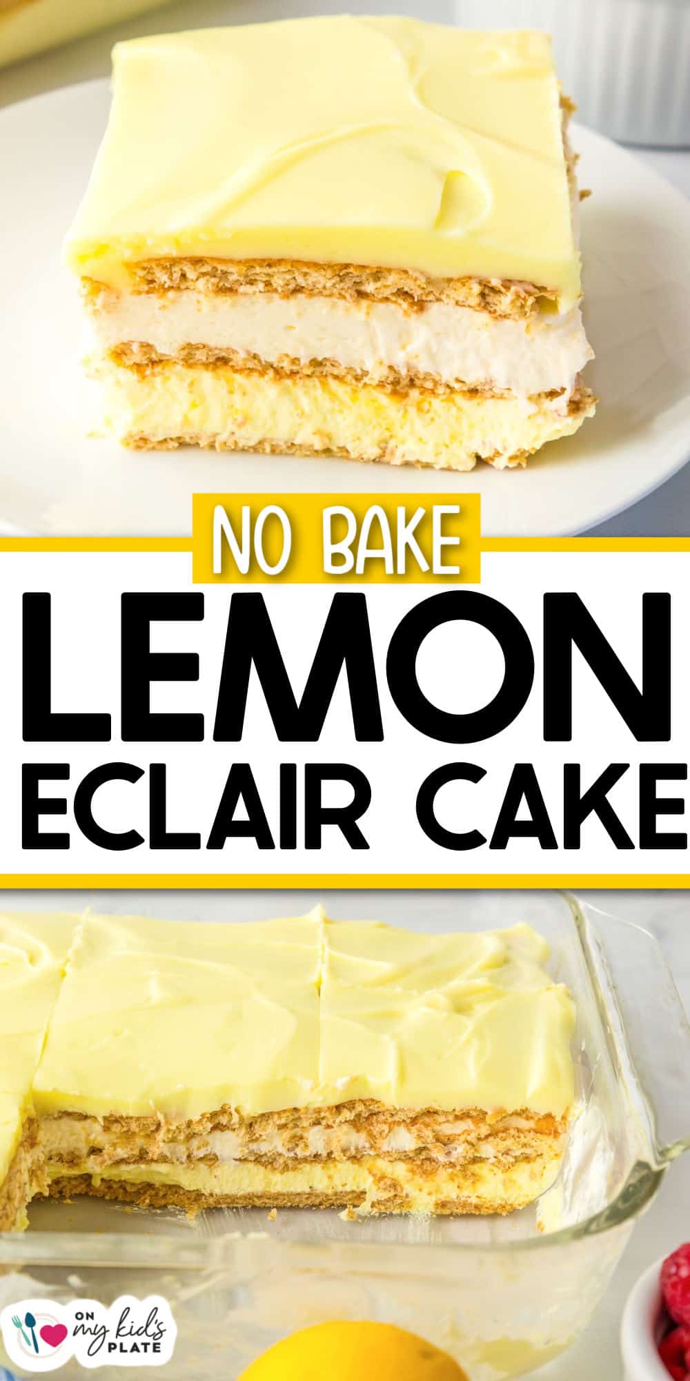 A no bake lemon eclair cake with creamy layers and a zesty lemon glaze, partially sliced and served on a white plate, with the rest in a glass baking dish.