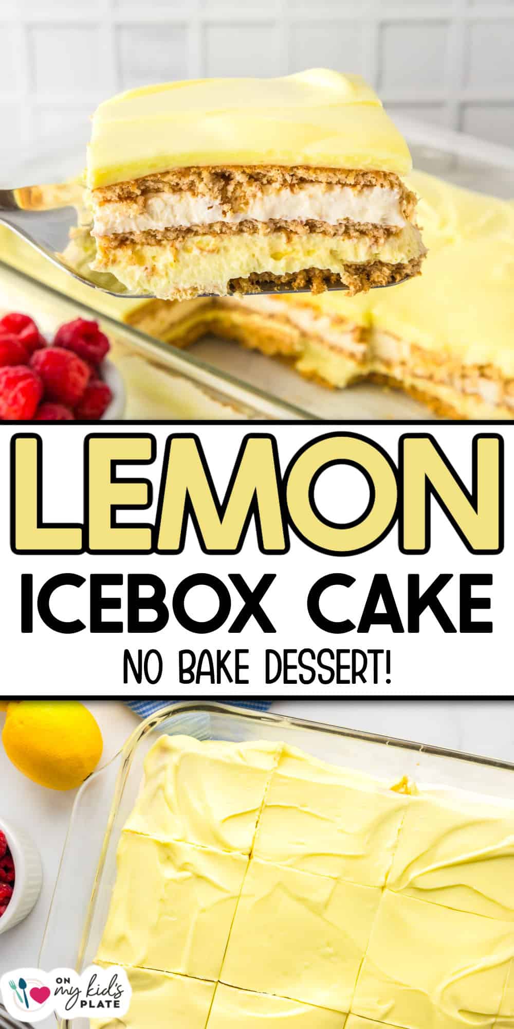A rectangular no bake lemon eclair cake with creamy layers is shown in a glass dish, one slice served on a spatula.