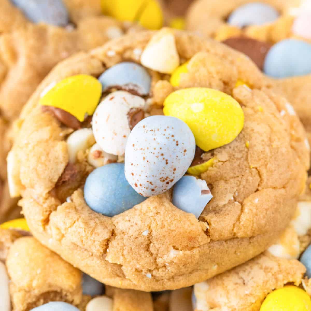 A close-up of mini egg chocolate chip cookies, topped with pastel-colored candy eggs and white chocolate chips.