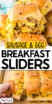 A tray of breakfast sliders filled with sausage and egg, topped with sesame seeds, with one delicious slider being lifted from the batch.
