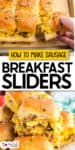A tray of sausage breakfast sliders made with scrambled eggs and melted cheese on soft buns, some being served by hand.