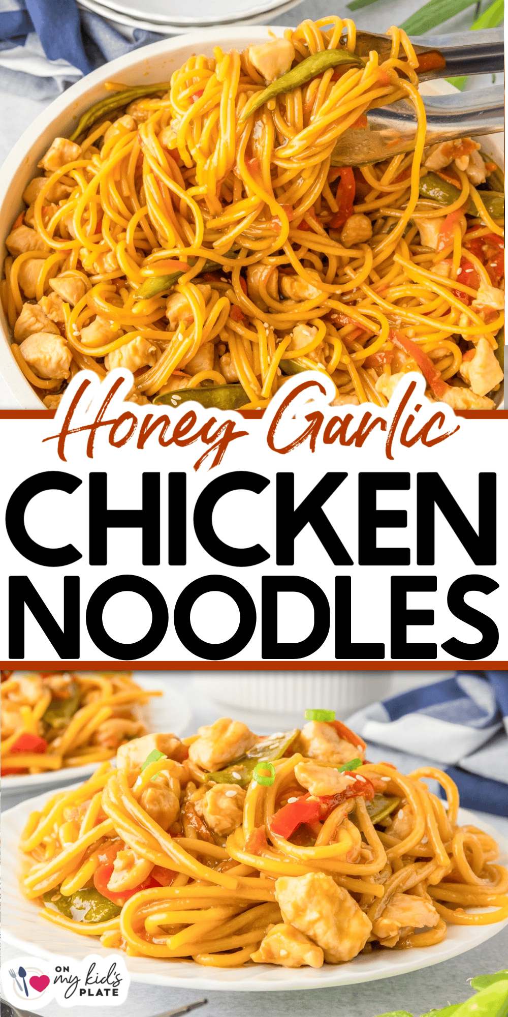 Plate of honey garlic chicken noodles with vegetables, perfectly garnished and served with a fork. Text overlay reads "Honey Garlic Chicken Noodles." Enjoy a delicious bite of these flavorful honey garlic chicken noodles!.