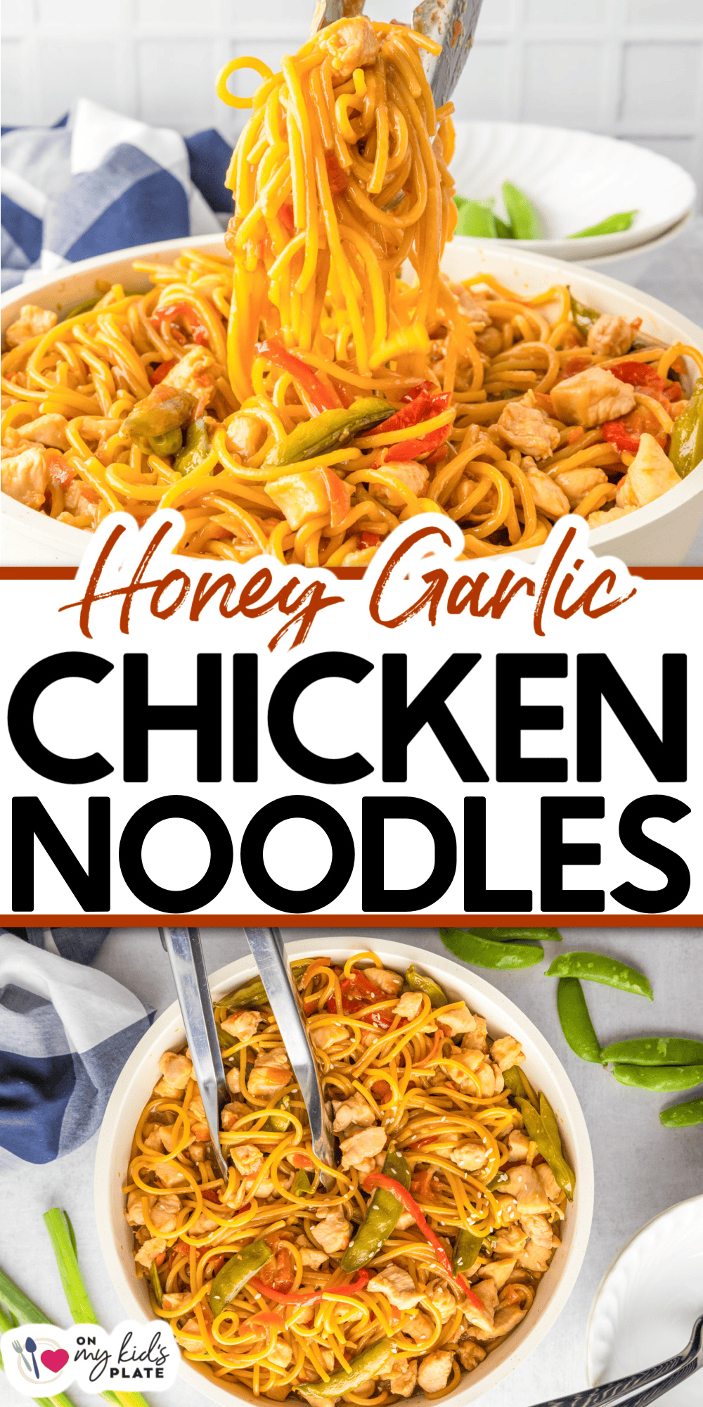 A bowl of savory honey garlic chicken noodles with vegetables, being served with tongs, sits on a table surrounded by plates and napkins, ready to enjoy.