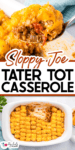 A serving of cheesy sloppy joe tater tot casserole in a white baking dish, with a portion scooped onto a serving spoon.