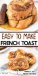 Two plates of French toast with sausage links, topped with syrup. Text reads "Easy to Make French Toast" and "Perfect size pieces for kids!.