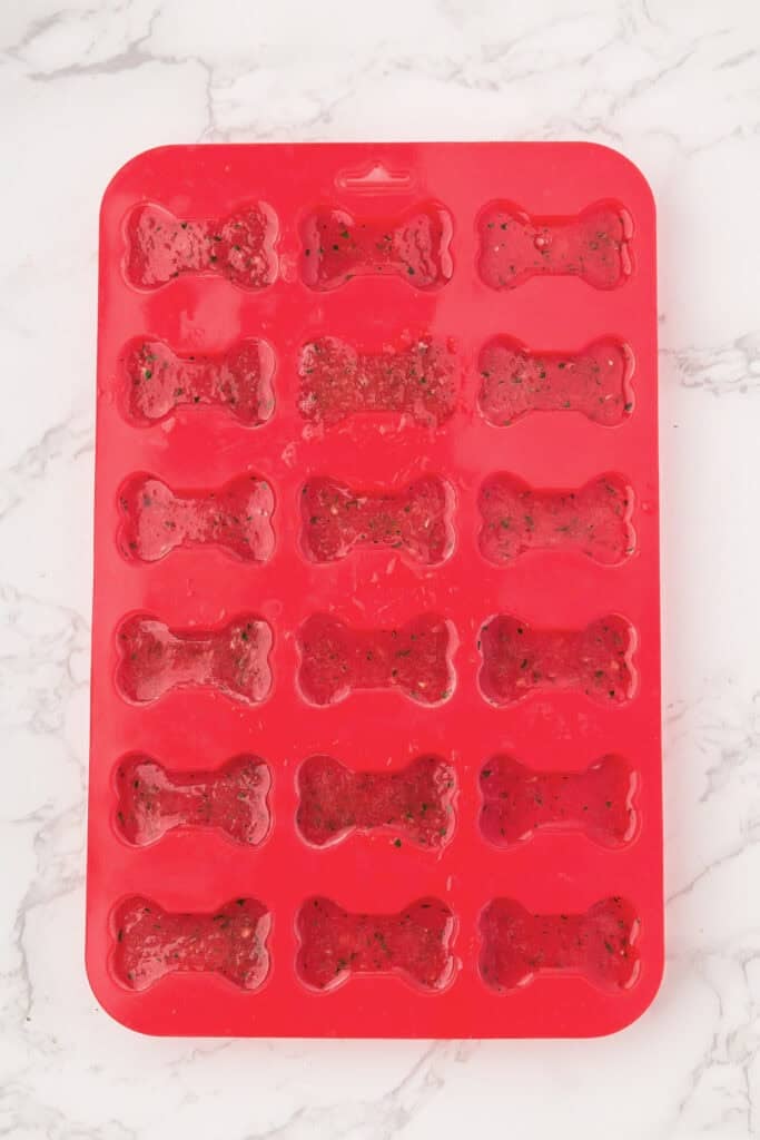 Red silicone mold in the shape of dog bones filled watermelon frozen dog treat micture.