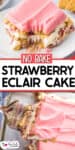 A slice of no-bake strawberry eclair cake with pink frosting, creamy layers, and graham crackers is served on a plate beside a dish of the cake.