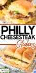 Philly cheesesteak sliders with beef, cheese, and green peppers served on soft buns, shown close-up on a baking tray.
