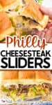 Philly cheesesteak sliders with melted cheese, beef, and diced peppers on soft buns, shown on a tray and being picked up by hand.