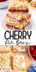 Three cherry pie bars stacked on a plate, with more bars and a bowl of cherry filling nearby.