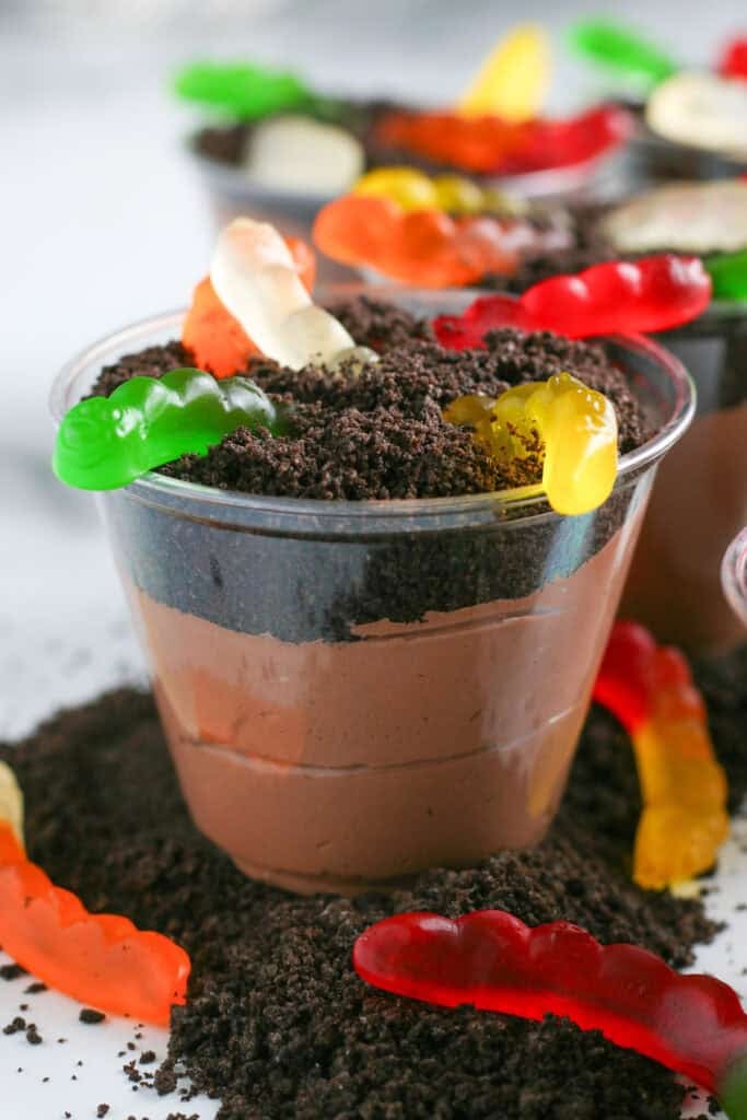 A cup filled with chocolate pudding, topped with crushed cookies and colorful gummy worms, these chocolate dirt cups look like dirt and worms!