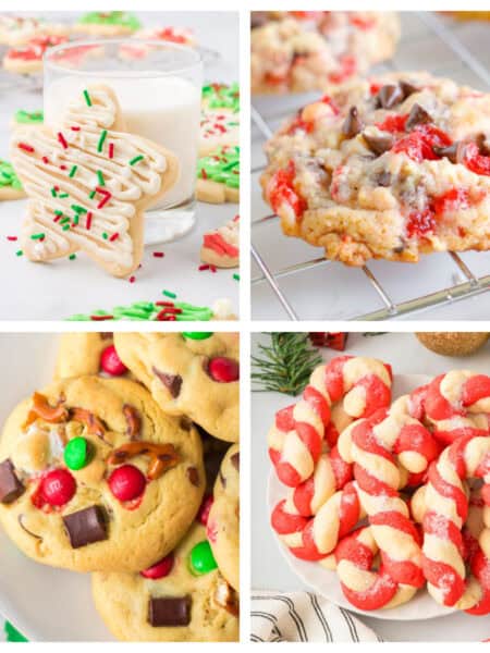 Four-panel collage of holiday cookies: star-shaped sugar cookies with a glass of milk, a cherry chocolate chip cookie, cookies with pretzels and colorful chocolate candies, and twisted candy cane cookies.