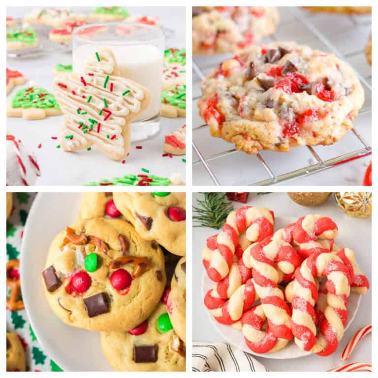 Four-panel collage of holiday cookies: star-shaped sugar cookies with a glass of milk, a cherry chocolate chip cookie, cookies with pretzels and colorful chocolate candies, and twisted candy cane cookies.